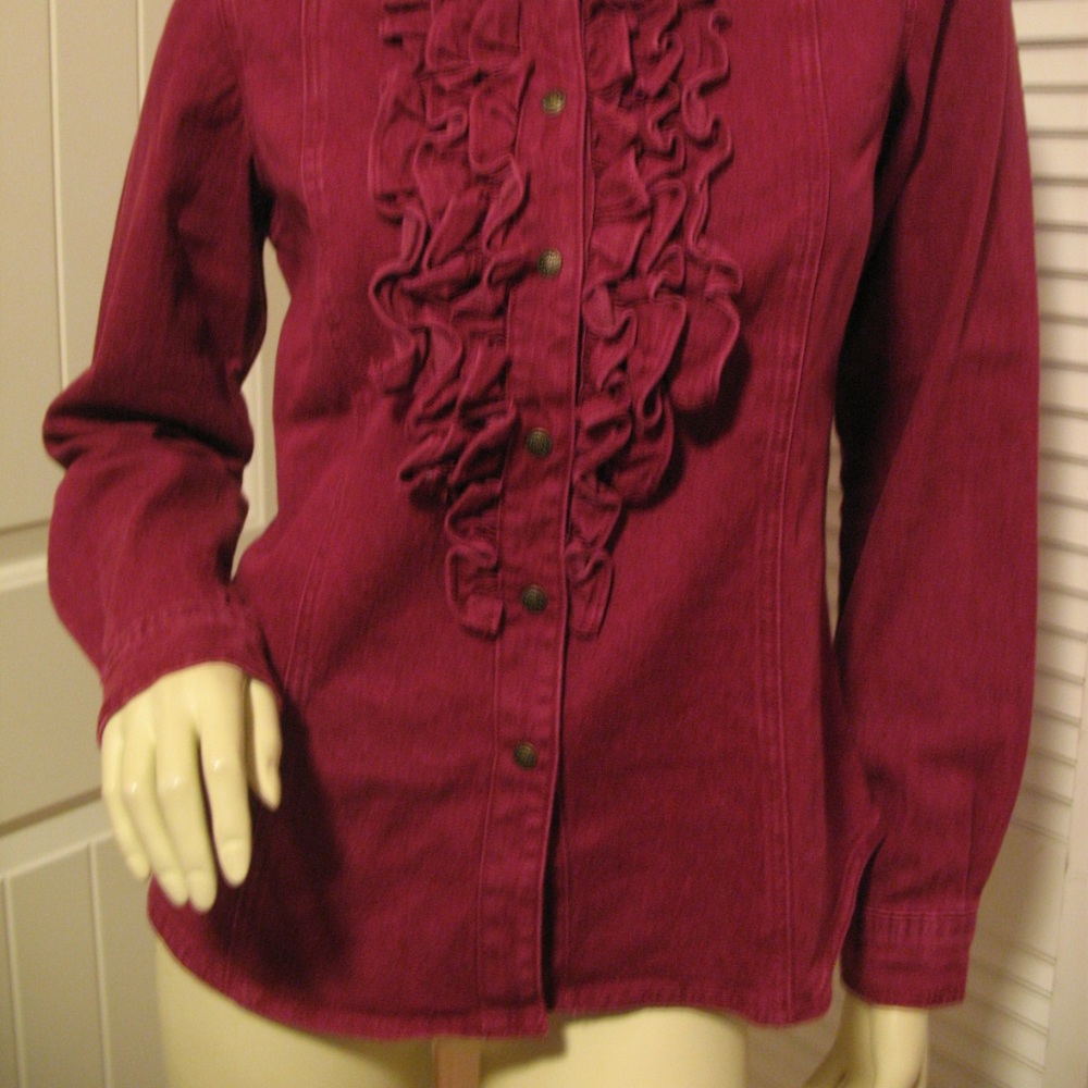 Vintage Y2K Diane Gilman Womens Denim Jean Jacket Ruffle Top S Long Sleeve Red - Picture 3 of 8